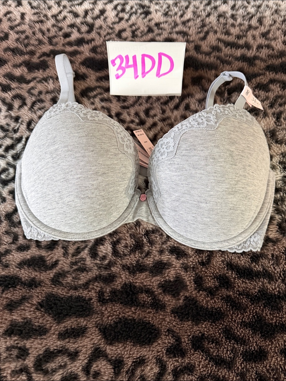 2026 Victoria's Secret Heather Gray Lace-Trim Molded T-shirt push up Bra - 34DD